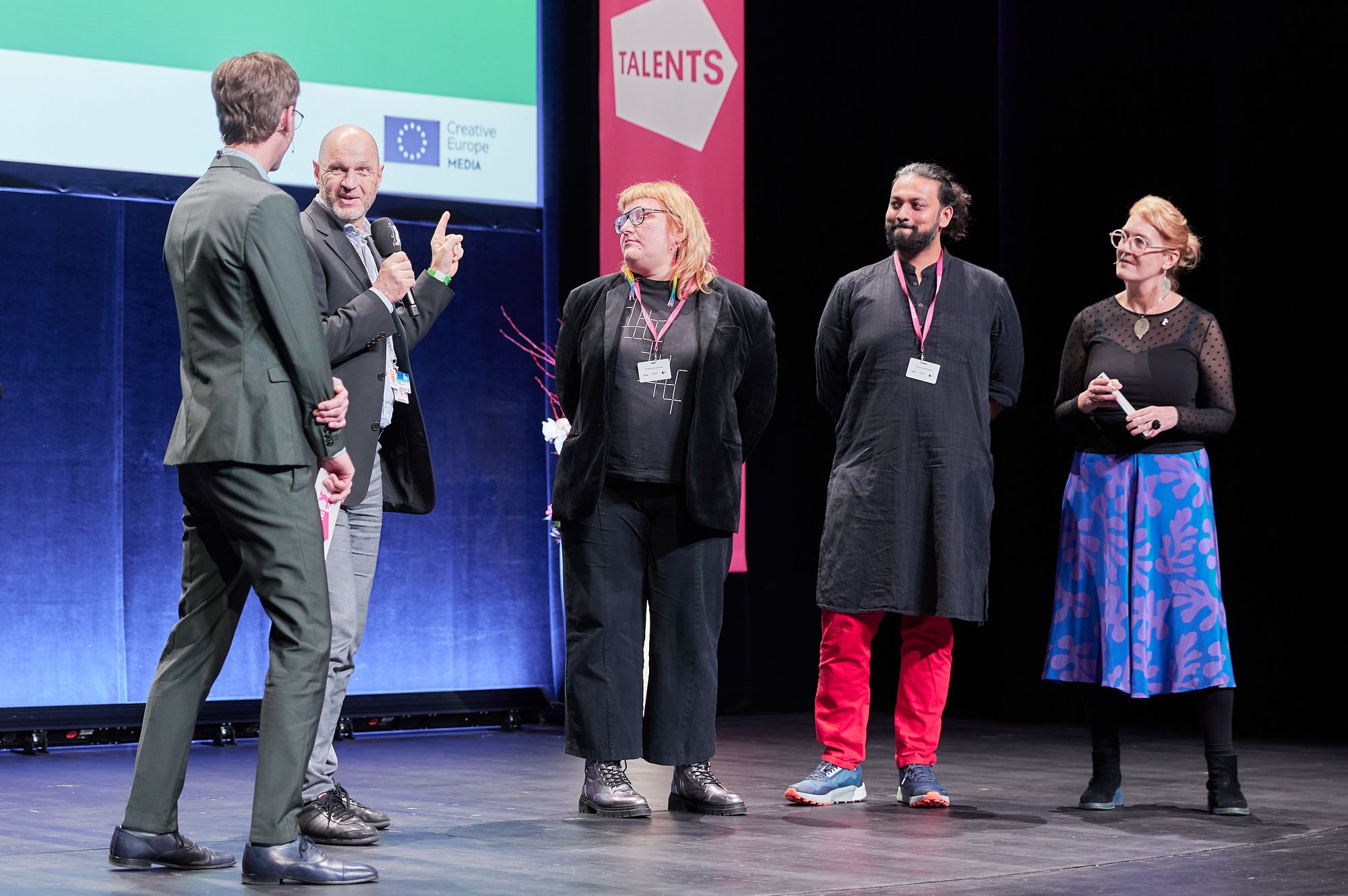 Harald Trettenbrein of Creative Europe Media with filmmakers and Talents Anna Hints & Tushar Prakash, along with Florian Weghorn and Nikola Joetze at the Berlinale Talents 2024 Opening Ceremony.